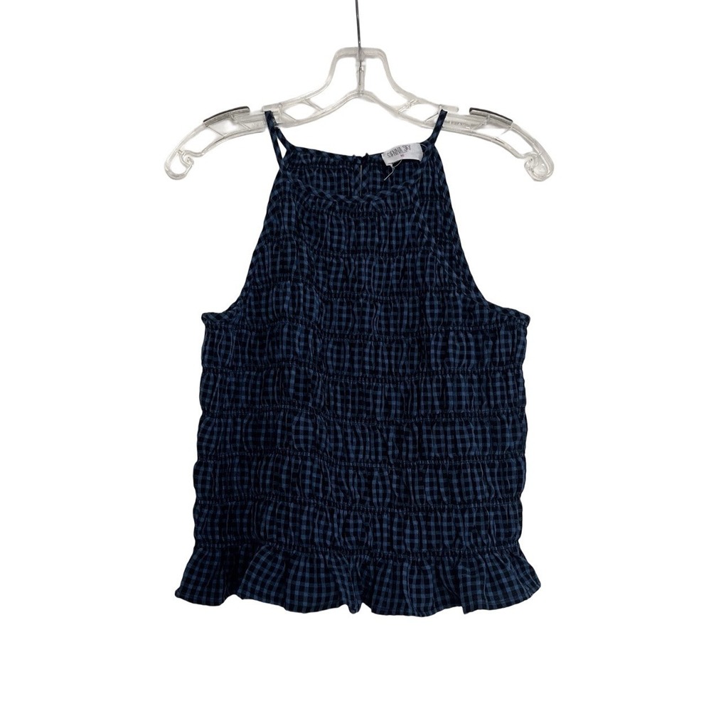 Sienna Sky Women's Medium Spaghetti Strap Top Blue Black Fitted Stretch Boho